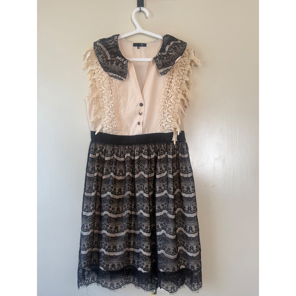 Ryu Womens Medium Beige Black Lace Peter Pan Collar Sleeveless Fit Flare Dress
